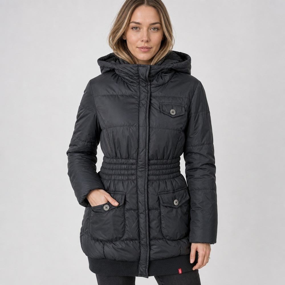 edc Women's Hooded Puffer Jacket XS Black Down Quilted Puffer Jacket